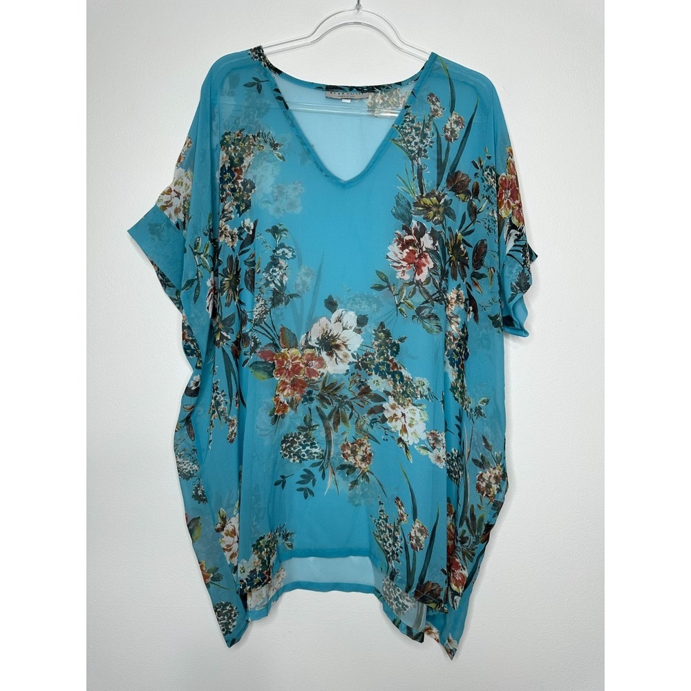 Bryn Walker Sheer Chiffon Tunic Top Size M Blue Floral Coverup Caftan